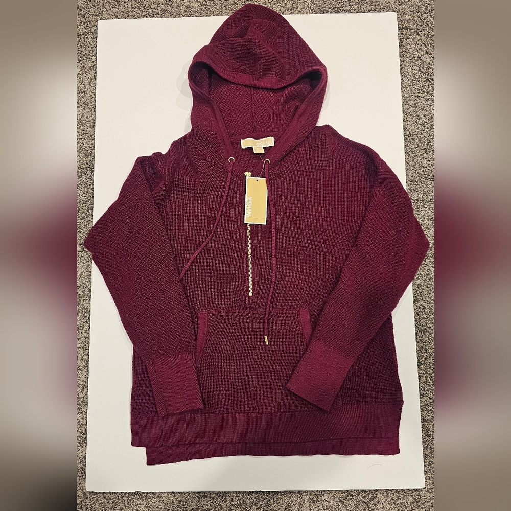 NWT Michael Kors Women's Maroon Knit Hoodie With Half Zipper And Strings--Size S - Picture 3 of 10